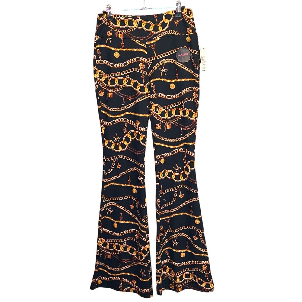 NWT No Boundaries Hacci Flare Pant Baroque Glam Maximalist Black Gold Chain